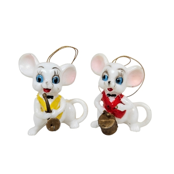 Vintage 60s White Mice Playing Instruments Set of 2 Christmas Ornaments J62 - Picture 8 of 8